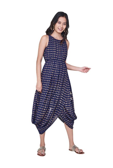 Global Desi Navy Printed Midi Dhoti Dress Price in India