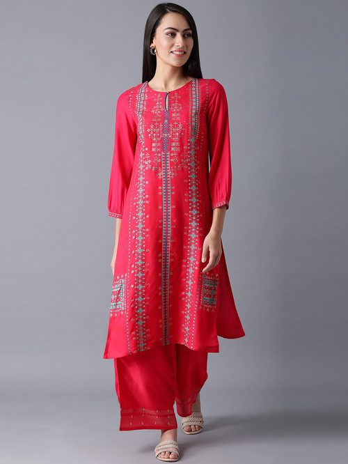 W Pink Printed Straight Kurta Price in India