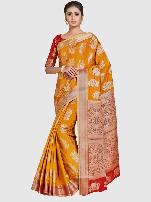 Mimosa Mustard Woven Sarees With Blouse Price in India