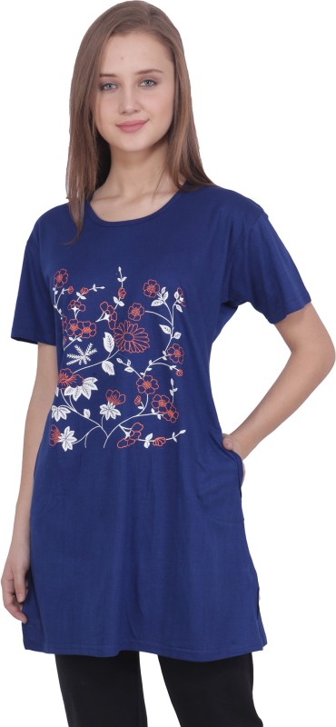 Printed Women Round Neck Dark Blue T-Shirt Price in India