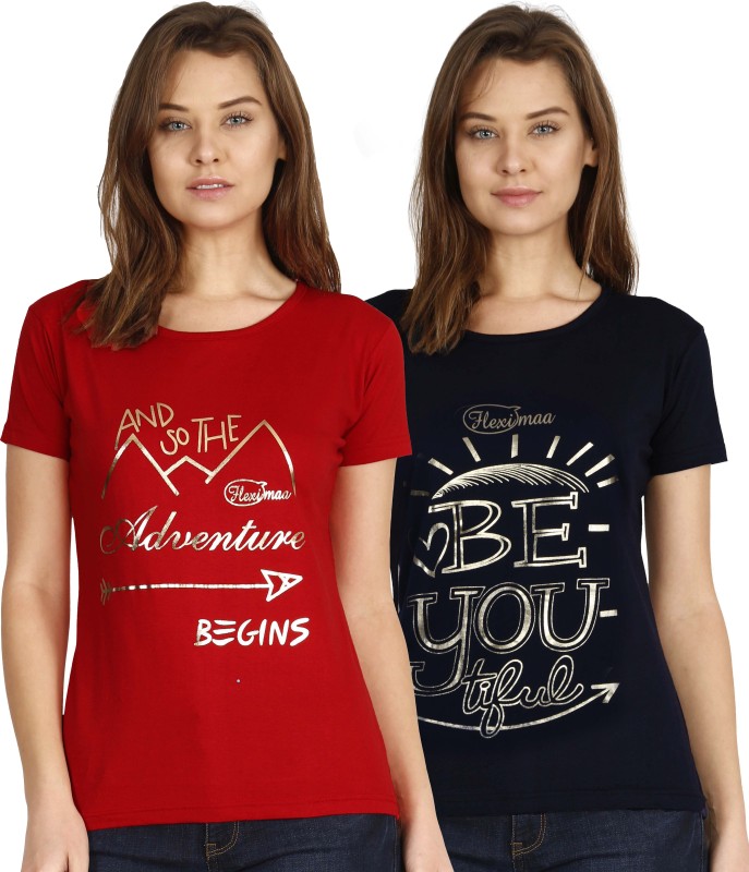 Printed Women Round Neck Red, Blue T-Shirt Price in India