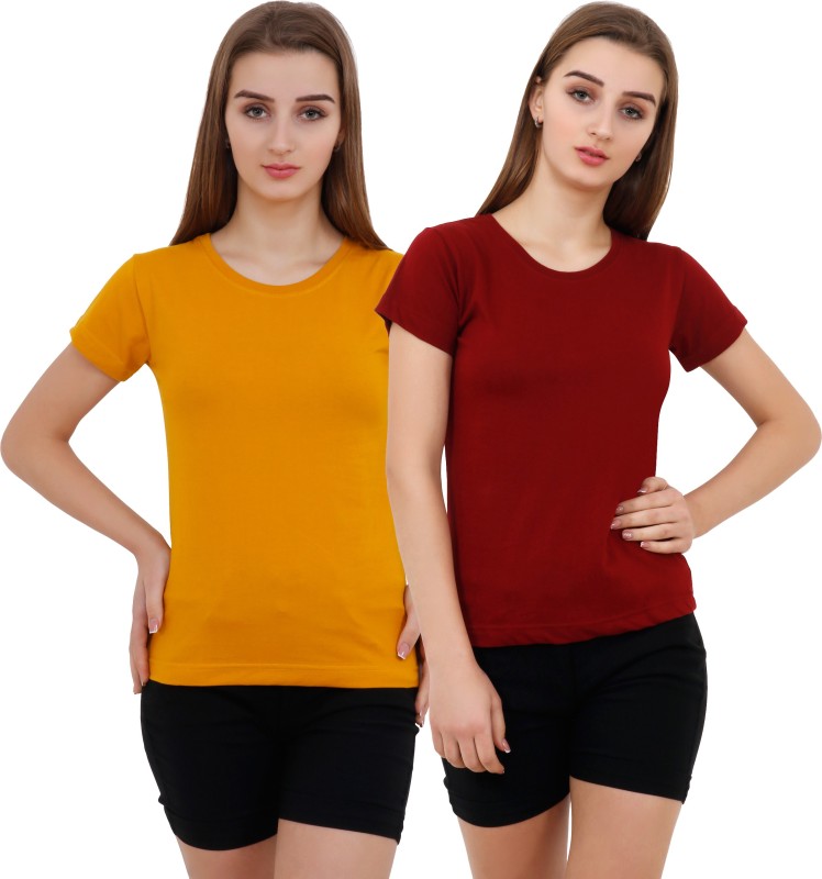 Solid Women Round Neck Maroon, Yellow T-Shirt Price in India