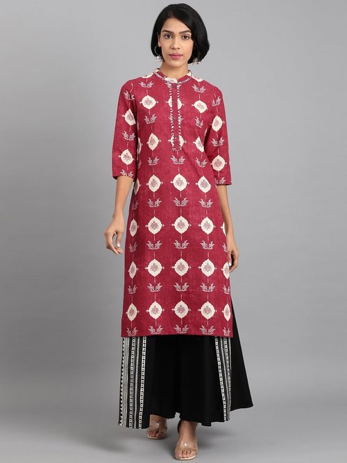 W Maroon Cotton Printed Straight Kurti Price in India