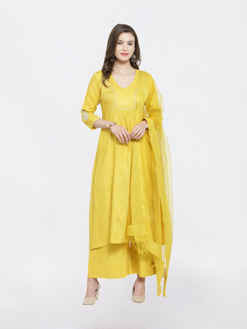 Varanga Yellow Embroidered Kurti Palazzo Set With Dupatta Price in India