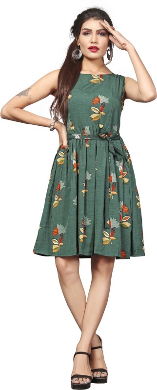 Women Fit and Flare Green Dress Price in India