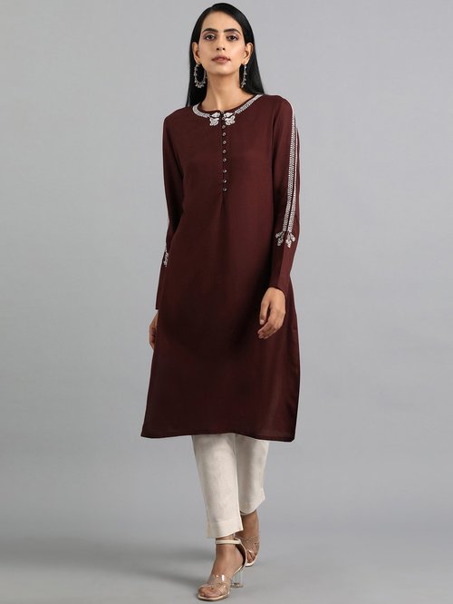 W Wine Embroidered Straight Kurti Price in India