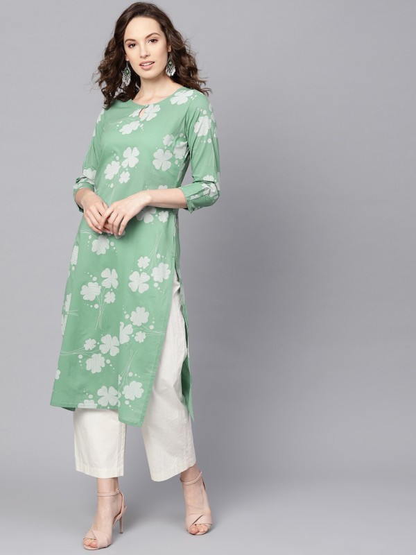 Women Floral Print Cotton Blend Straight Kurta Price in India