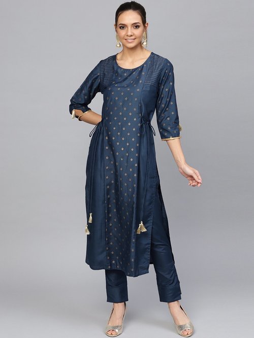 Jaipur Kurti Teal Blue Printed Kurti Pant Set Price in India