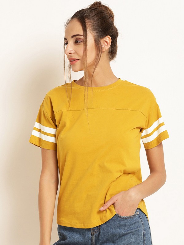 Solid Women Round Neck Yellow T-Shirt Price in India