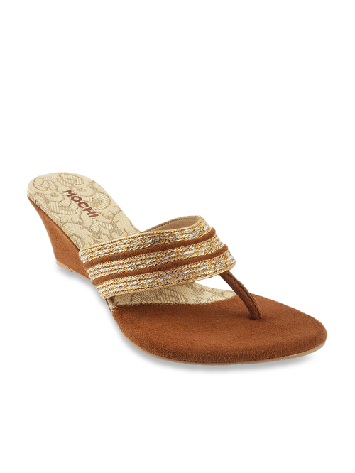 Mochi Golden T-Strap Wedges Price in India