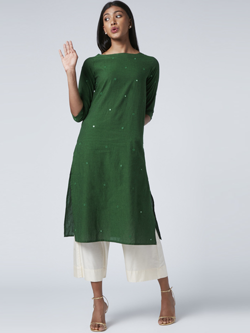 Okhai Green Meadow Green Pure Cotton Hand Embroidered Straight Kurta Price in India