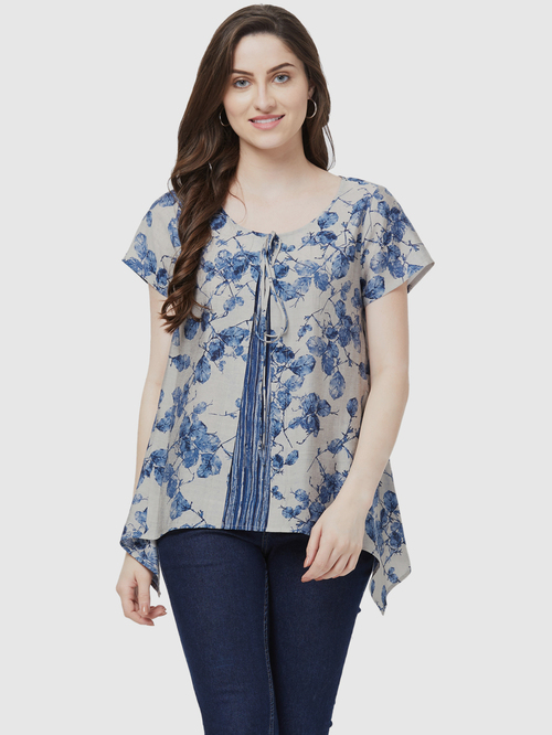 Fusion Beats Blue & Beige Printed Top Price in India