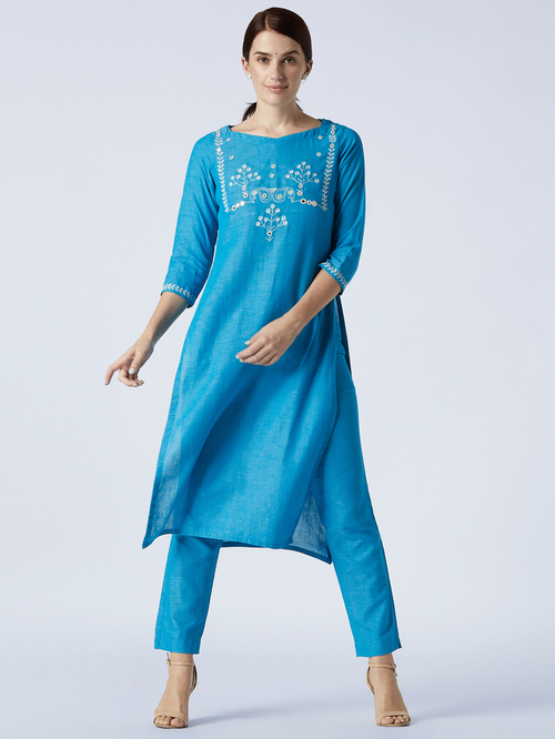 Okhai Quail Aqua Blue Pure Cotton Hand Embroidered Kurta Pant Set Price in India