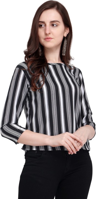 Casual Regular Sleeve Printed Women White, Black Top Price in India