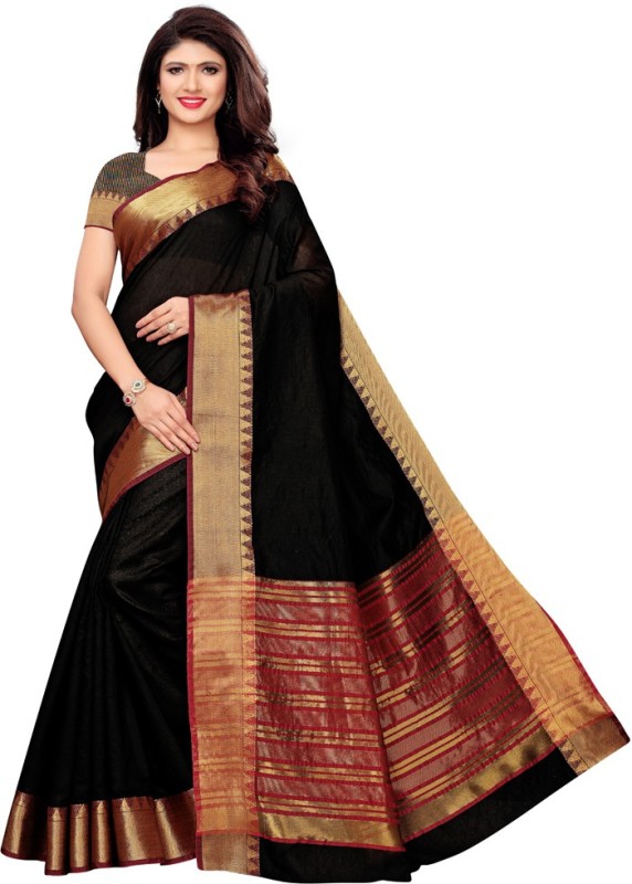 Temple Border, Striped, Woven, Embellished Banarasi Silk Blend, Cotton Blend Saree Price in India