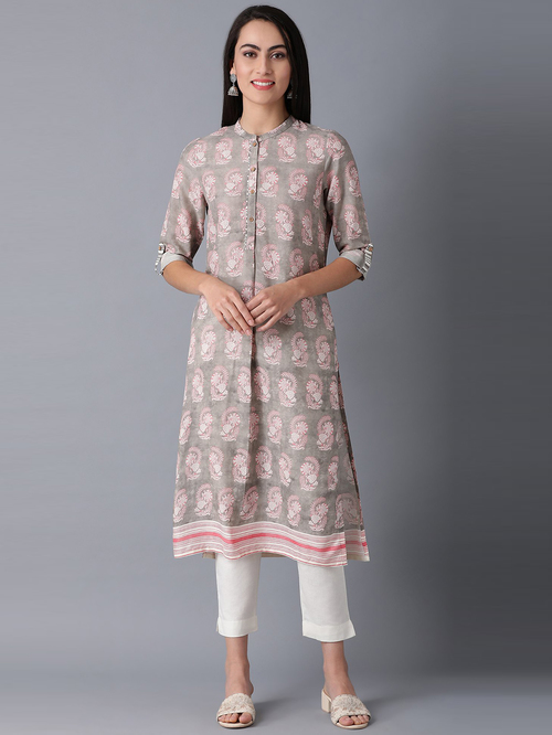 W Grey Floral Print Straight Kurta Price in India