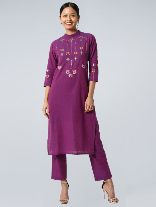 Okhai Sweet Sage Purple Pure Cotton Hand Embroidered Kurta Pant Set Price in India