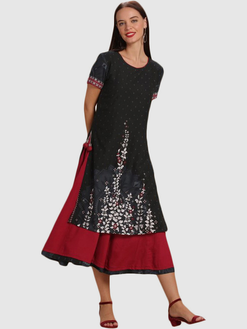 Imara Black & Pink Printed Kurta With Skirt Price in India