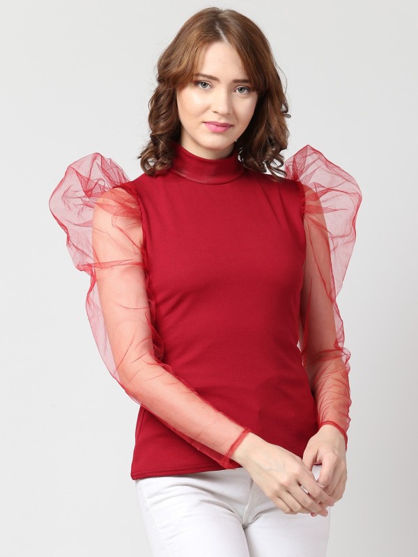 Casual Full Sleeve Solid Women Maroon Top Price in India