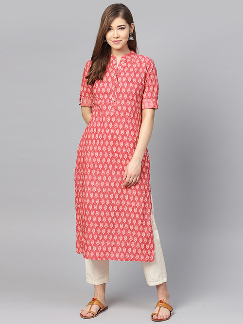 Varanga Pink Cotton Floral Print Straight Kurti Price in India