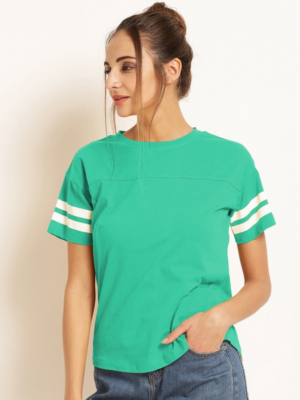 Solid Women Round Neck Light Green T-Shirt Price in India