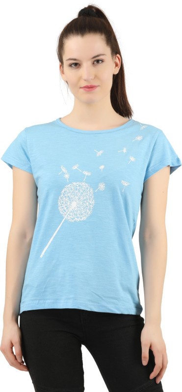 Printed Women Round Neck Light Blue T-Shirt Price in India