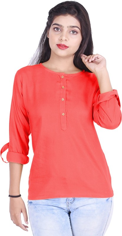 Casual Roll-up Sleeve Solid Women Pink Top Price in India