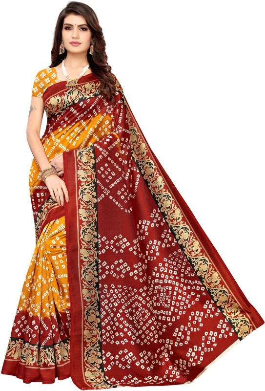 Printed, Geometric Print Bandhani Poly Silk, Cotton Silk Saree Price in India