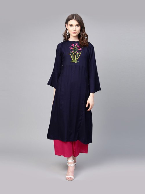 Bhama Couture Navy & Pink Cotton Embroidered Kurti Palazzo Set Price in India
