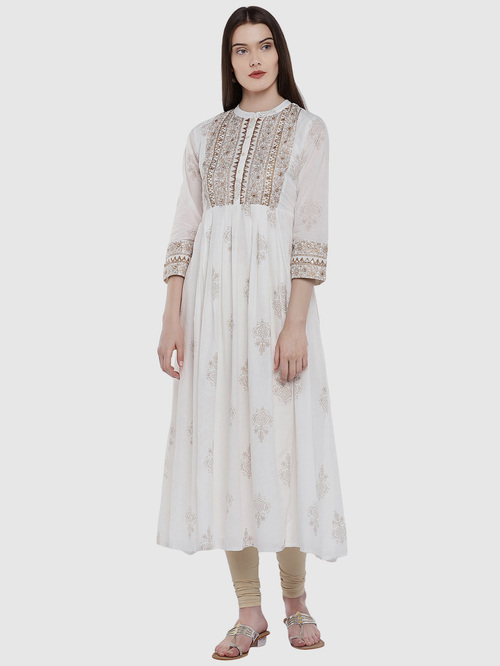 Ethnicity Off-White Cotton Floral Print A Line Kurta Price in India