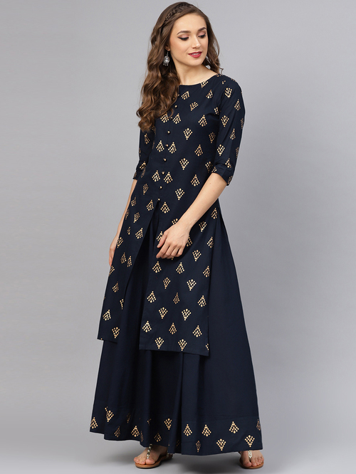 Idalia Navy Cotton Printed Kurta Skirt Set Price in India