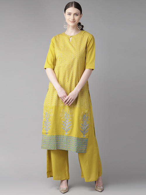 Bhama Couture Yellow Cotton Printed Kurta Palazzo Set Price in India