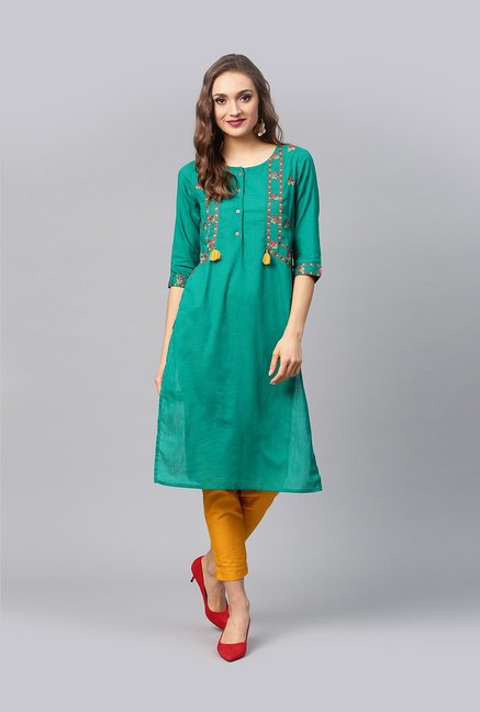 Juniper Green Embroidered Straight Kurti Price in India