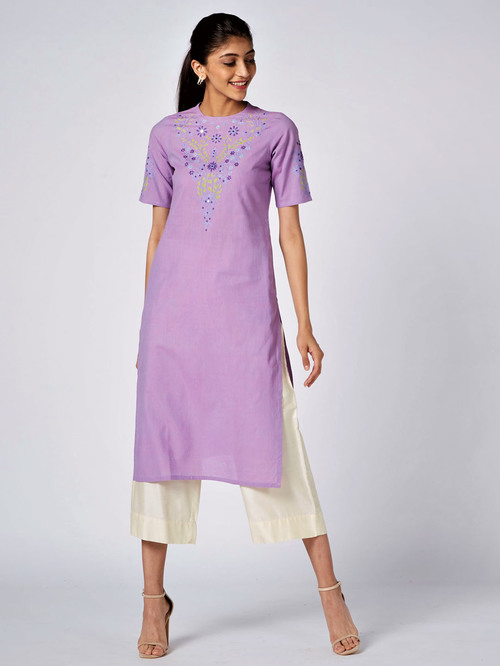 Okhai Viola Violet Pure Cotton Hand Embroidered Straight Kurta Price in India