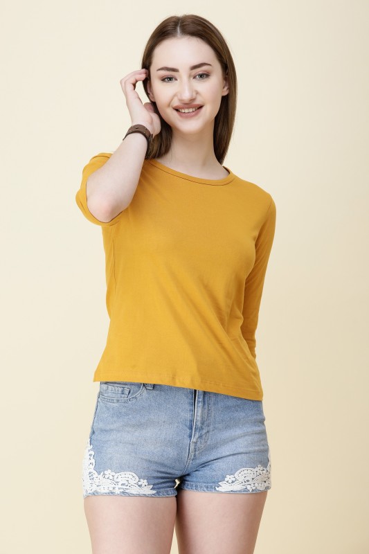 Solid Women Round Neck Yellow T-Shirt Price in India