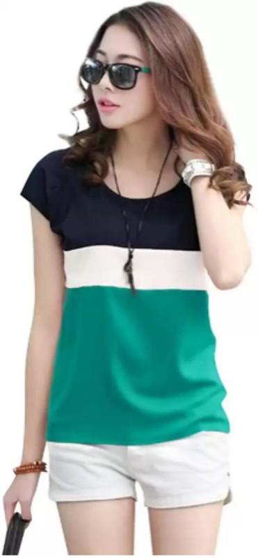 Color Block Women Round Neck Green T-Shirt Price in India