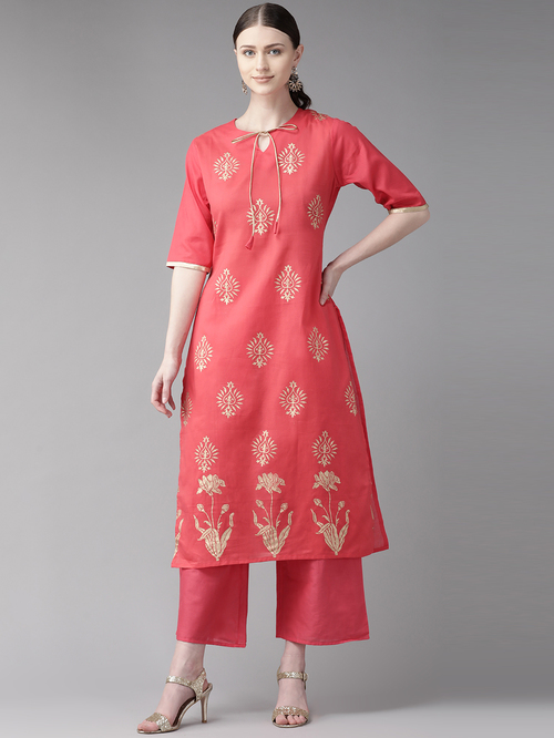 Bhama Couture Coral Cotton Printed Kurta Palazzo Set Price in India