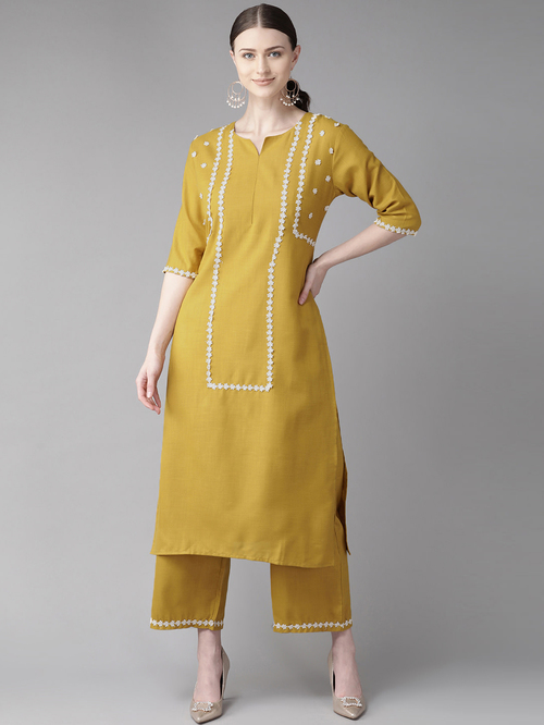 Bhama Couture Yellow Cotton Embroidered Kurta Palazzo Set Price in India