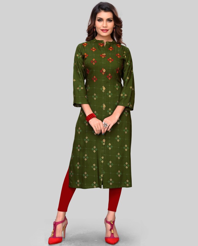 Women Printed, Embroidered Rayon Frontslit Kurta Price in India