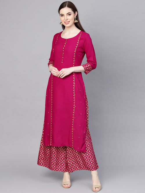 Varanga Fuchsia Zari Work Kurti Palazzo Set Price in India