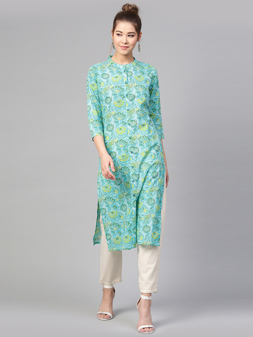 Varanga Turquoise Cotton Floral Print Straight Kurti Price in India