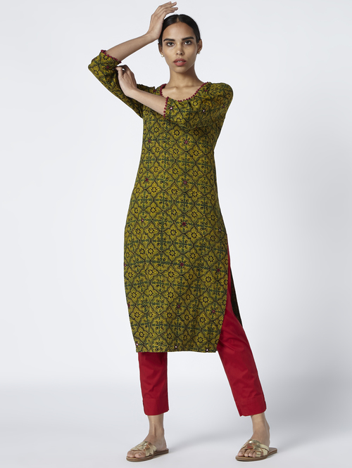 Okhai Happy Harvest Green Pure Cotton Embellished Straight Kurta Price in India