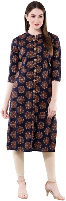 Women Printed Cotton Rayon Blend Frontslit Kurta Price in India