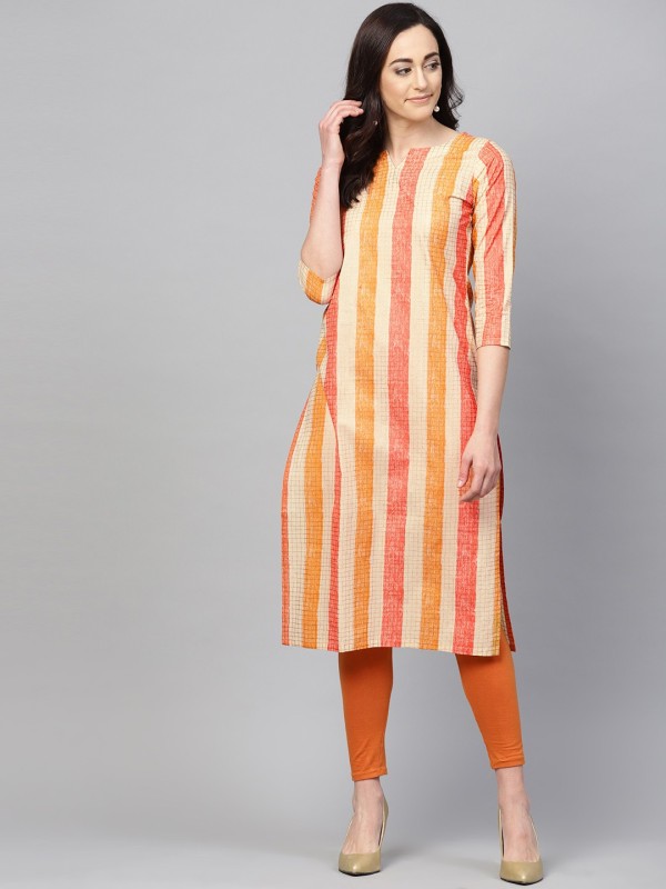 Women Striped Cotton Blend Straight Kurta Price in India