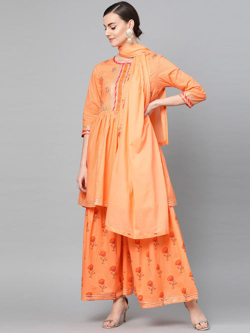 Ishin Peach Cotton Embroidered Kurta Palazzo Set With Dupatta Price in India