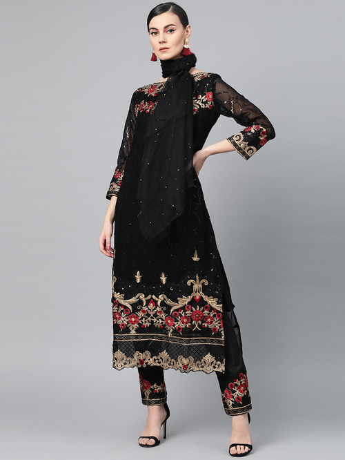 Ishin Black Embroidered Kurta Pant Set With Dupatta Price in India