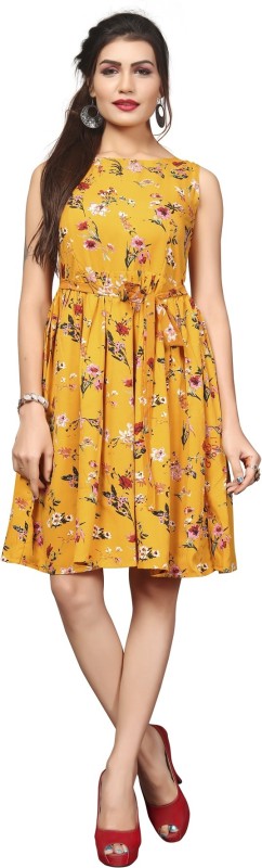 Women Fit and Flare Yellow Dress Price in India