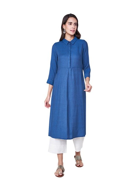 Global Desi Blue Textured Viscose Kurta Price in India