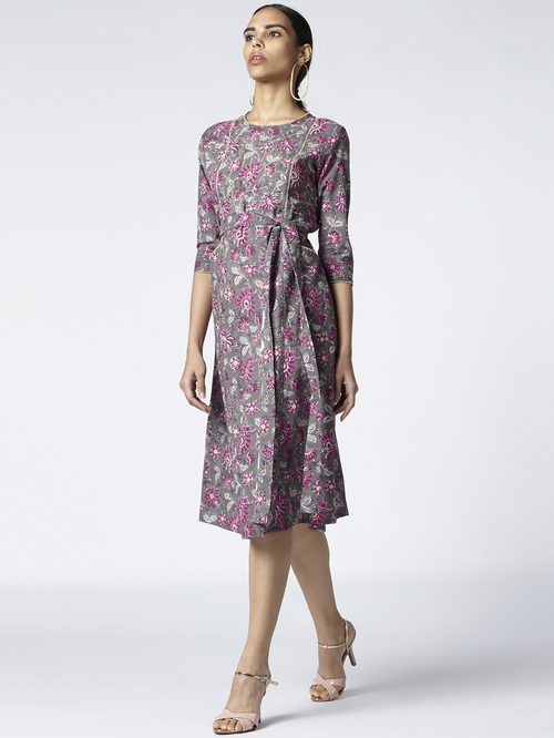 Okhai Marsha Grey Pure Cotton Printed A-Line Dress Price in India