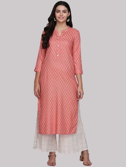 KSUT Peach Printed Straight Kurti Price in India